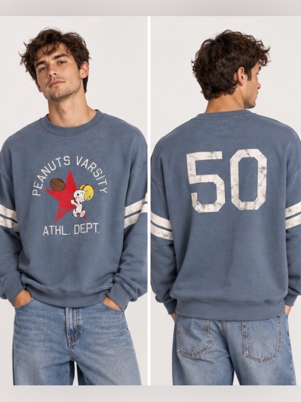 Peanuts Blue Crewneck Sweater with Snoopy Football Varsity Design Size XL NWOT